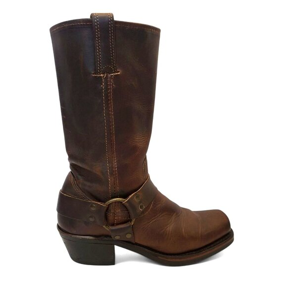 FRYE 12R Harness Boot Brown Oiled Leather Western Cowgirl Mid Calf Engineer Moto - Picture 1 of 10